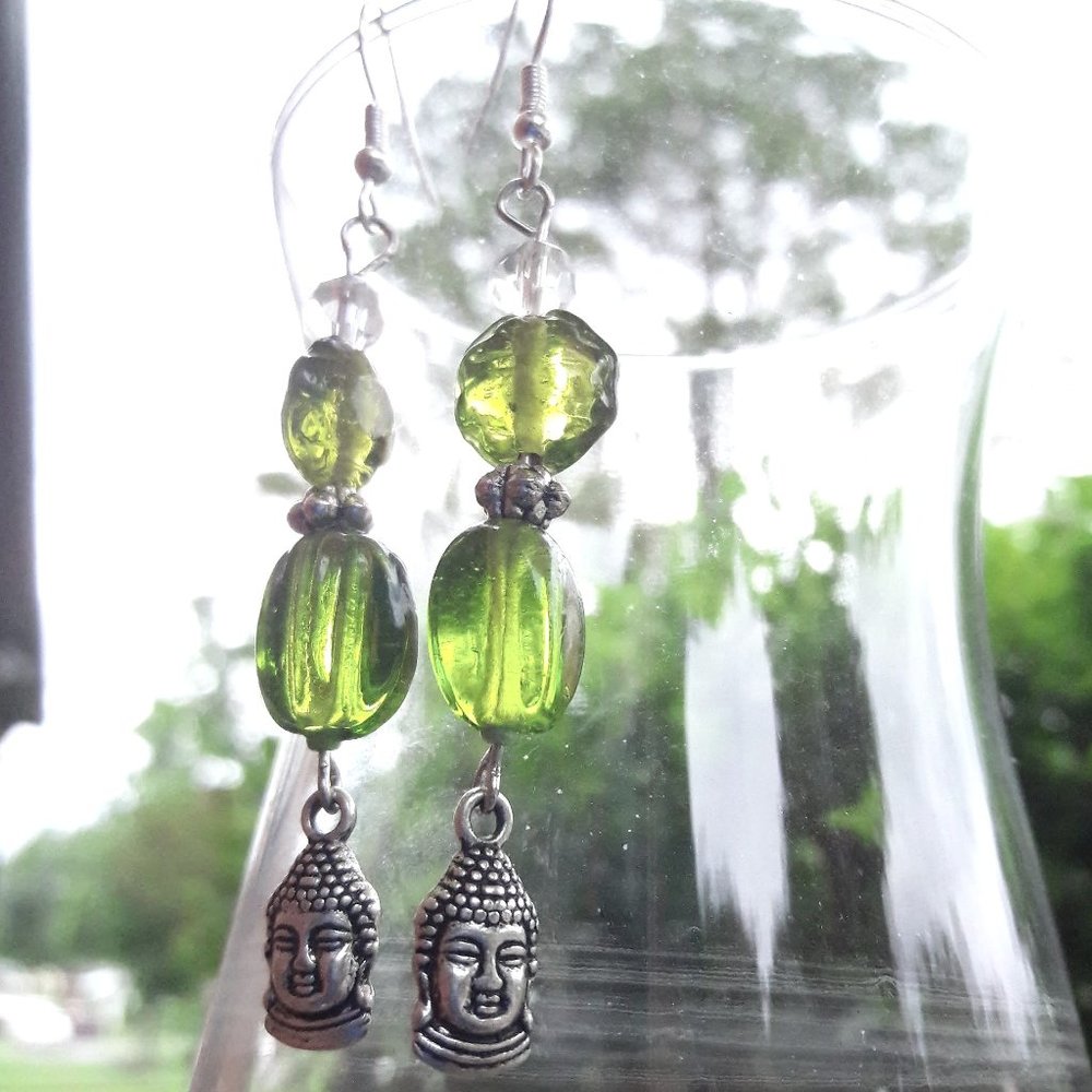 Buddha Buddies Handmade Earrings With Green Glass